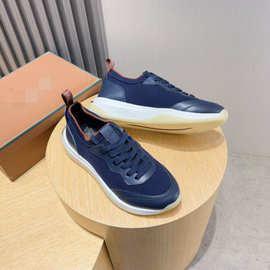 广州货欧洲站男鞋新款牛皮拼接网面针织透气厚底百搭跑步鞋小白鞋