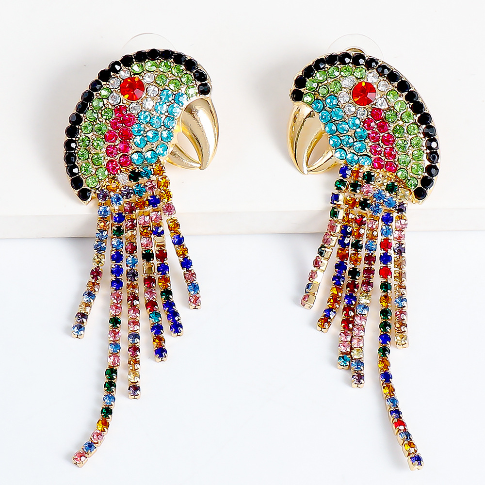 New Vintage Color Diamond Animal Parrot Tassel Earrings Wholesale Nihaojewelry display picture 9