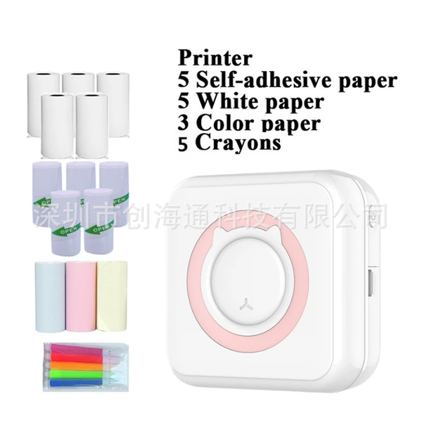 Pink+5 rolls without dry glue+5 rolls of heat sensitivity paper+3 rolls of color paper+color pen