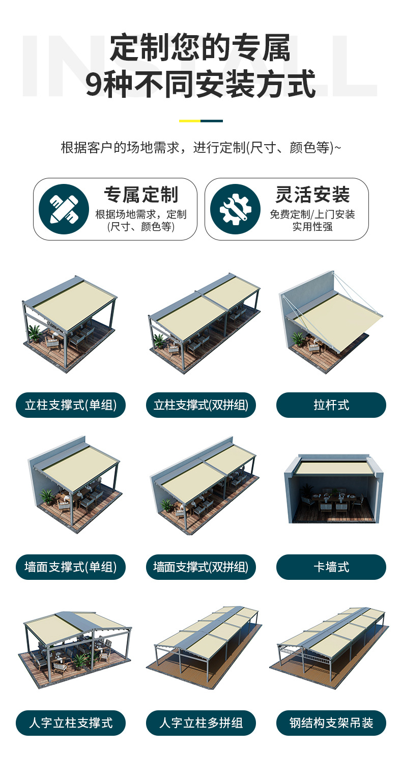 Electric remote-controlled folding canopy awning, retractable, for home courtyard terrace, aluminum alloy rainproof and sunshade