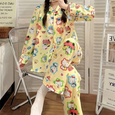 Conjunto de pijama de manga larga para mujer del sudeste asiático, otoño e invierno, estilo de celebridad de internet, transmisión en vivo, conjunto de ropa de estar de doble capa