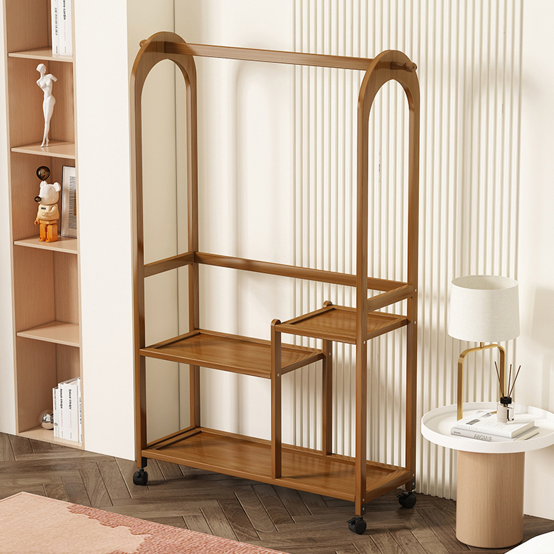 Solid Wood Coat Rack Hanger Floor Bedroom Movable Indoor Household Beautiful Simple Storage Rack with Wheels