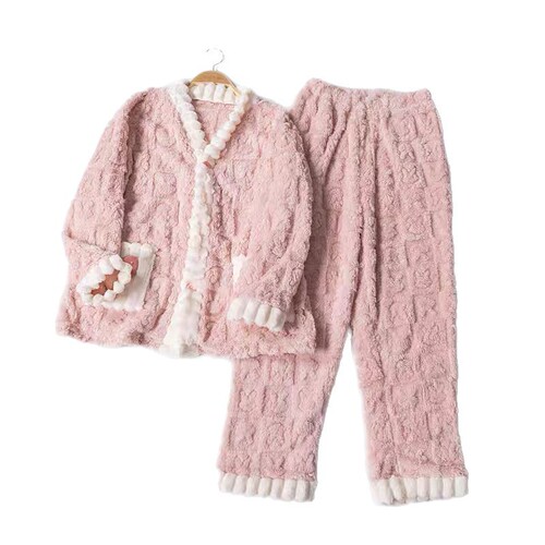 Autumn and winter coral fleece cardigan pajama set, fleece-lined and thickened, with a heart-shaped bunny motif and bow tie—knitted warm set.