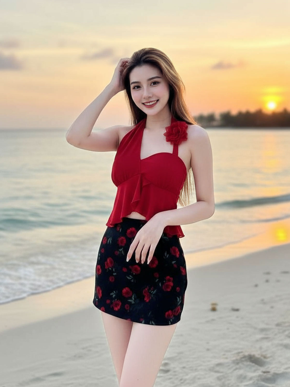 2025 nuevo traje de baño dividido bikini de tres piezas para mujer, hermoso vestido de baño con estampado de aguas termales rojo y blanco