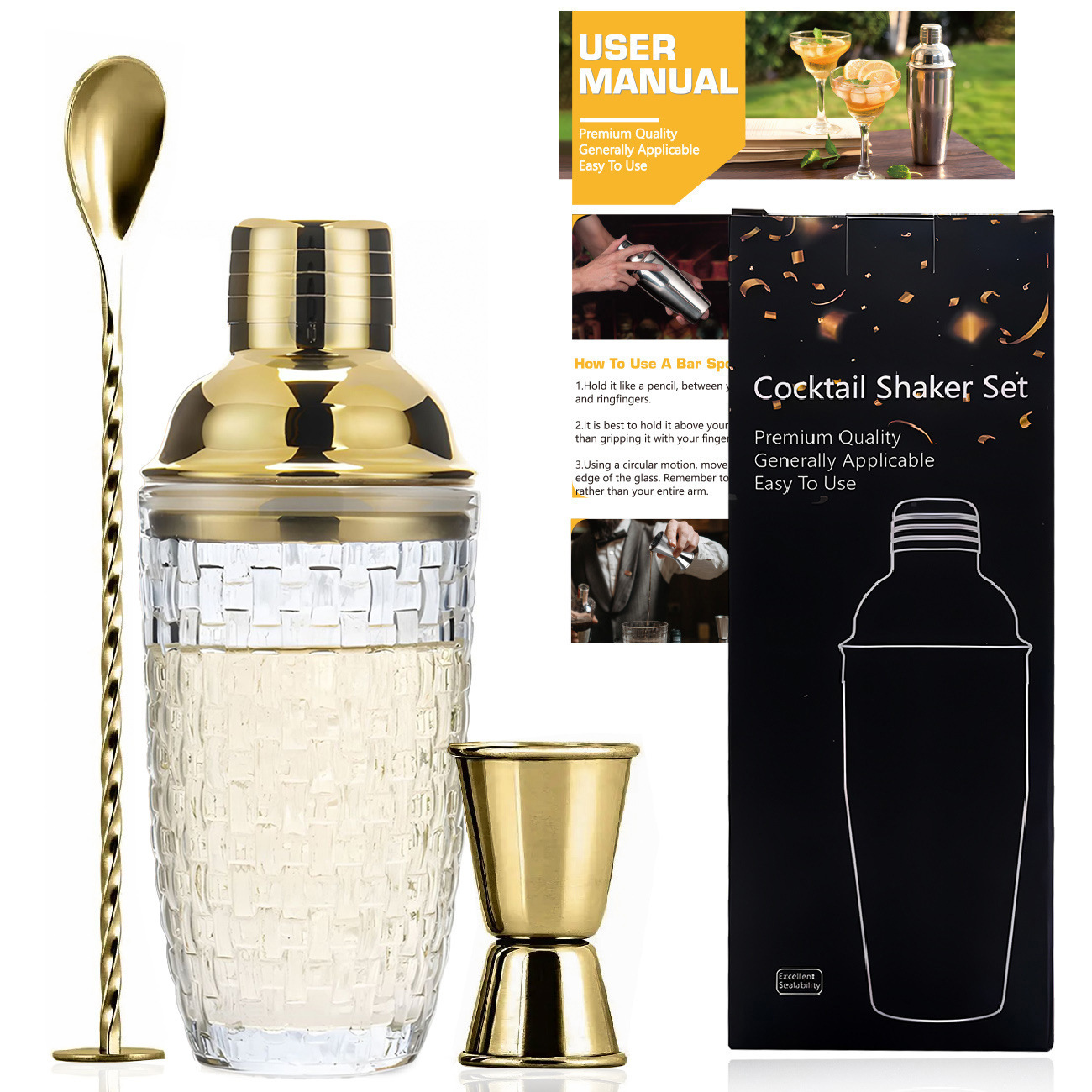 201 금직 유리 3종 세트(컬링된 가장자리가 있는 계량컵 + 바 스푼)