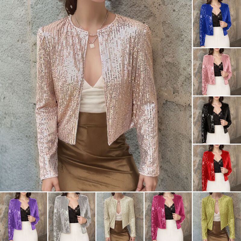 2025 Spring European and American Amazon Cross-Border Popular Round Neck Long Sleeve Solid Color Cardigan Casual Versatile Sequin Jacket for Women 2025 Spring European and American Amazon Cross-Border Popular Round Neck Long Sleeve Solid Color Cardigan Casual Versatile Sequin Jacket for Women