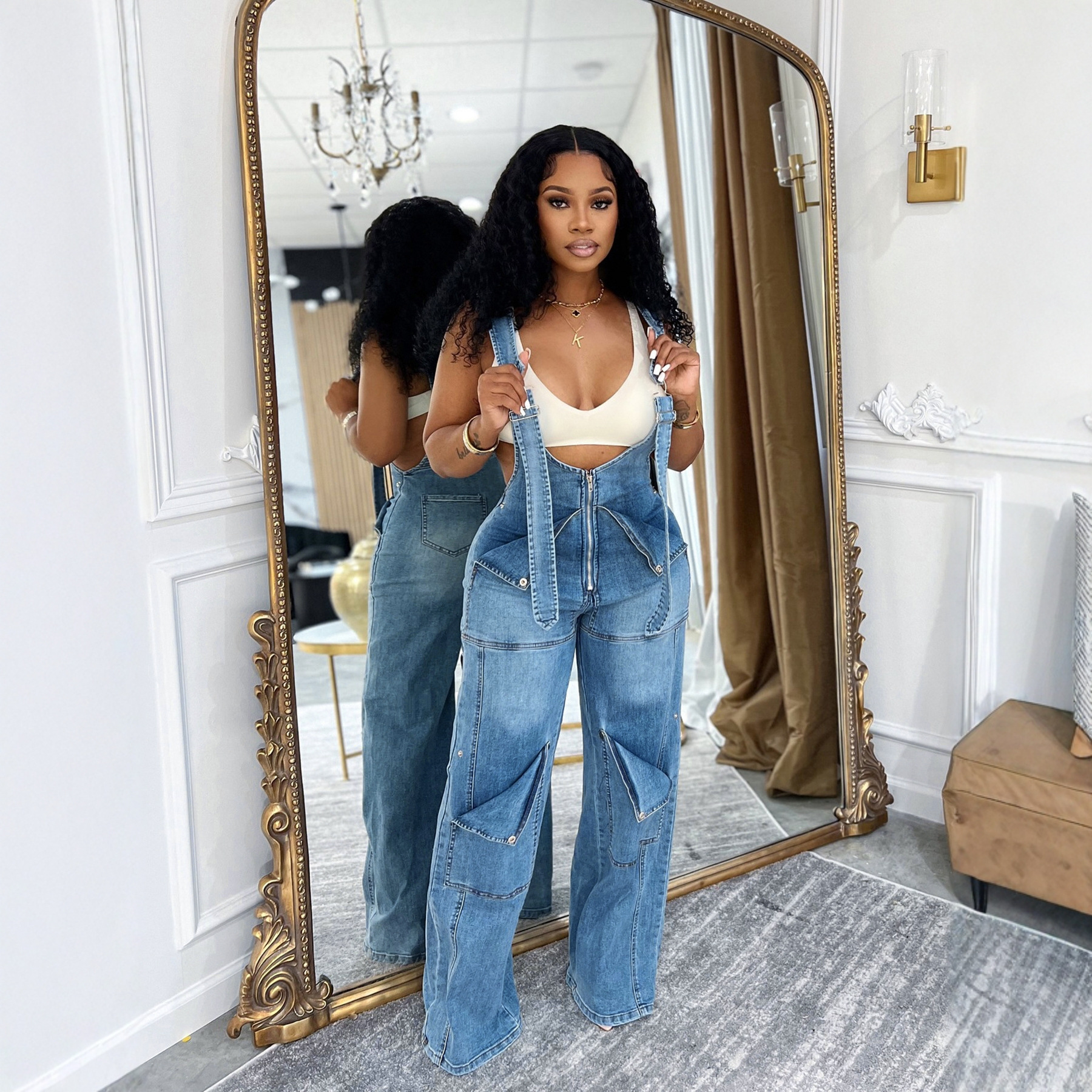 S391400 Cross-border European And American Loose Version High-waisted Denim Overalls, Women's Fashion Casual Wide-leg Jumpsuit_ecoleips.com