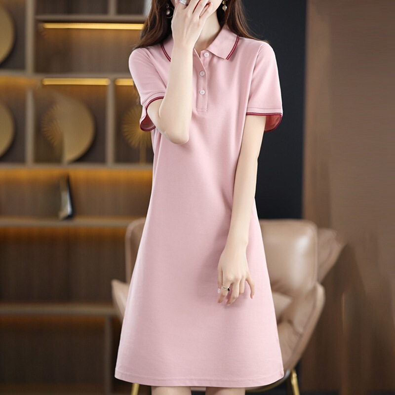 Solid Color polo Lapel Cotton Dress Tight Waist Simple Casual Mid-Length Dress Early Summer New Women's Base Dress Short Sleeve