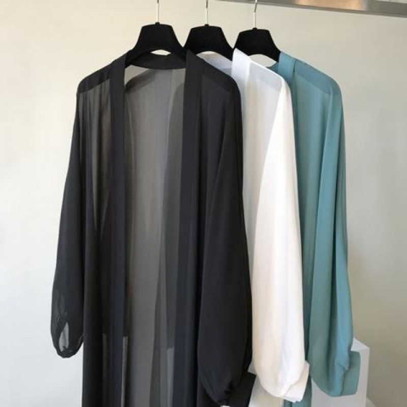 シフォン日焼け止め服ロング涼しい夏の新しいスタイルボタンなしルーズ薄手のアウターカーディガンミッドレングスビーチウェアショール|undefined