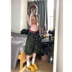 レトロアメリカン迷彩ワークウェアジーンズ女性の夏の新しいマルチポケットトレンディなストレートカジュアルルーズクロップドパンツ