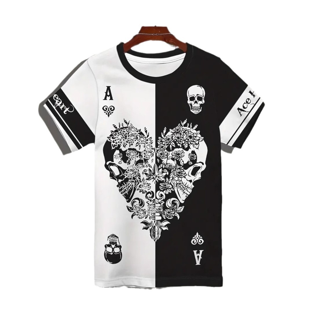 Retro color de contraste en forma de corazón esqueleto 3D impresión digital para hombre verano suelto y transpirable manga corta camiseta de cuello redondo