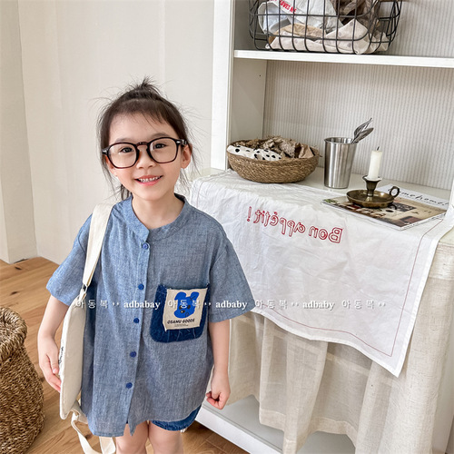 2024 new children's clothing summer products Children's summer clothing Korean style denim short-sleeved shirts boys and girls shirts 123298