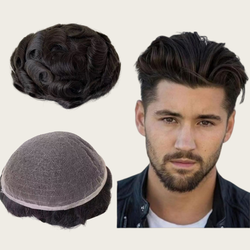 High-quality in-stock wholesale curly wavy real human hair wig with lace base, black men's hairpiece