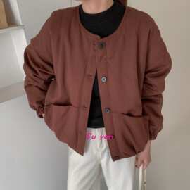 简约纯色圆领大口袋花苞棉衣女秋冬新款韩版宽松显瘦百搭通勤棉服