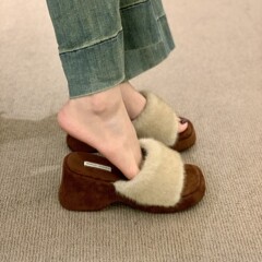 坡跟复古法式百搭毛毛鞋女鞋子外穿2025年新款秋季高跟鞋毛绒拖鞋