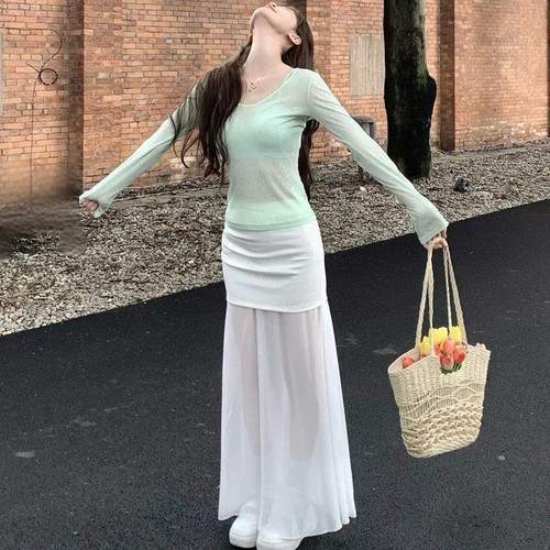 Splicing Bodycon Net Dress for Women - Summer Half Dress, Beach Vacation Style, Cool Gauze Skirt, Hot Girl Design, White Elegance