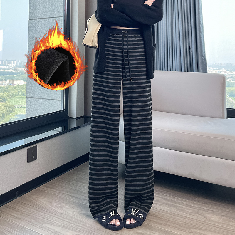 【2559】新款秋冬百搭针织条纹休闲裤女宽松直筒高腰显瘦拖地裤子|undefined
