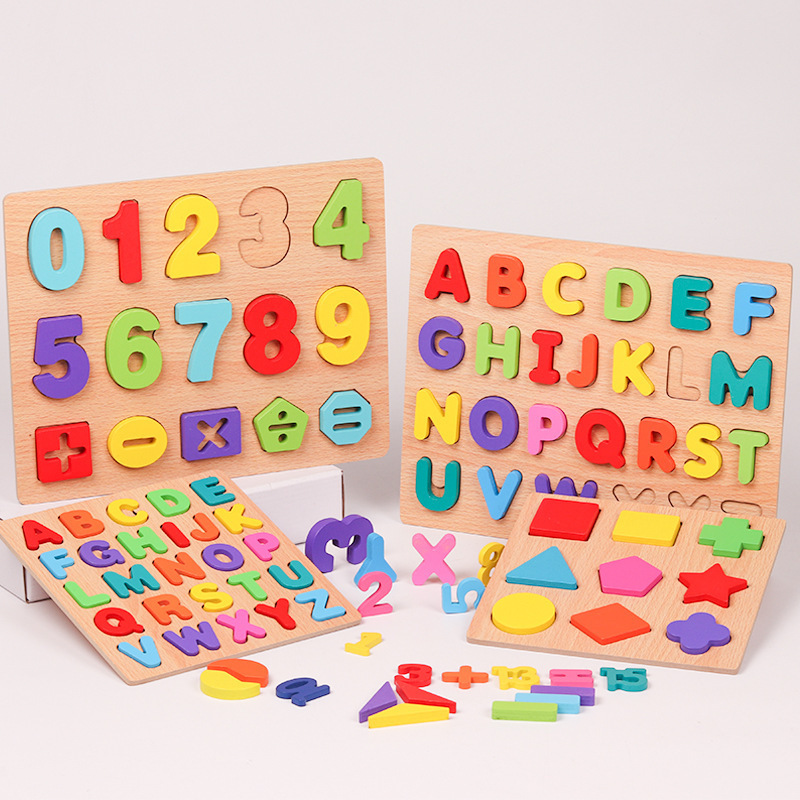 Children's Wooden Numeric Alphabet Board Handheld Panel Geometric Alphanumeric Cognitive Puzzle Building Blocks