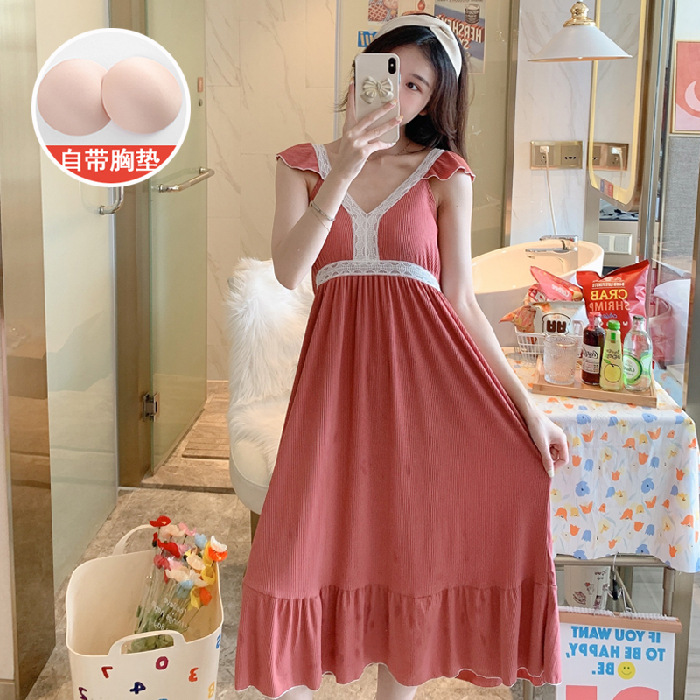Pijamas camisón de verano con almohadilla en el pecho Vestido de mujer de longitud media sexy lindo Celebridad de Internet transmisión en vivo Ropa para el hogar de las mujeres Estilo de princesa coreana