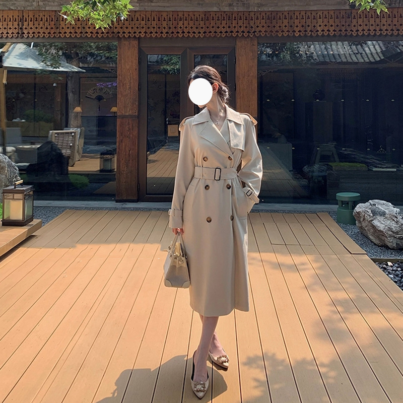 New Elegant Double-Breasted Lace-Up Long White Windbreaker Jacket for Women Autumn and Winter British Style Design Casual Coat