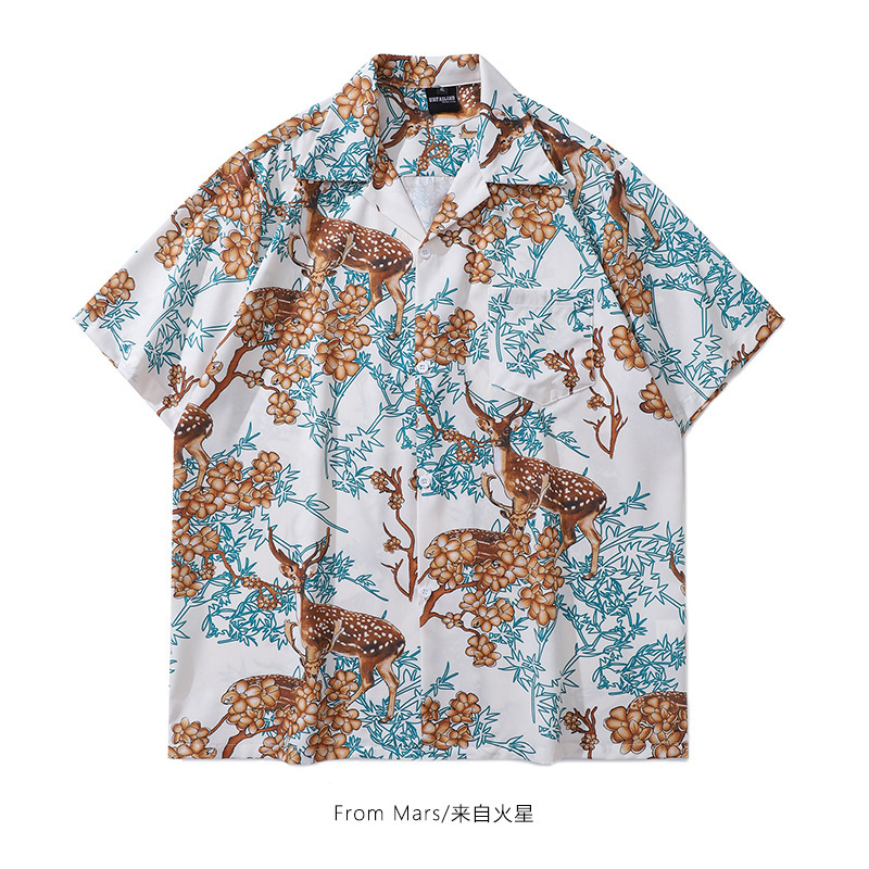 Thirteen Lines Wholesale Gear Spot Hong Kong Style Retro Street Elk Print Loose Casual Short-Sleeved Shirt for Boys and Girls