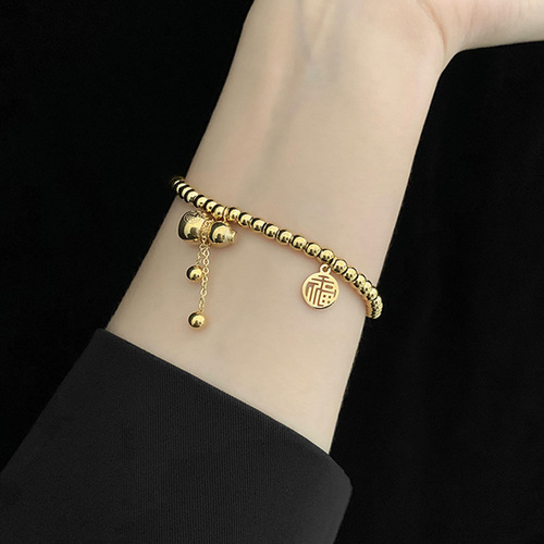 New style simple small gourd titanium steel ball elastic rope bracelet with blessing characters, non-fading retractable bracelet for women