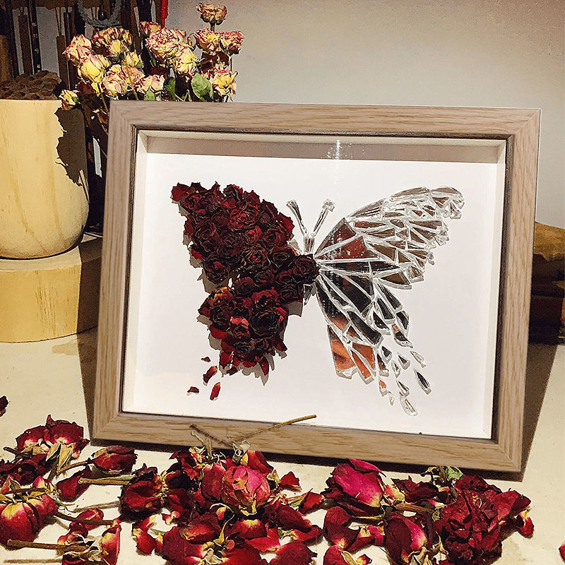 DIY Dried Rose Flower Fragments Butterfly Mirror Photo Frame Decoration Material Kit Couple Gift for Girlfriend 520 Gift