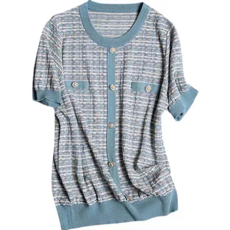 Damen Eisseide Strick T-shirt Kurzarm Rundhals Gestreift Elegant_voghion.com