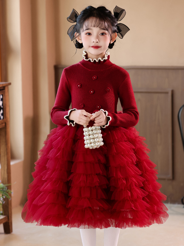 Suéter de las niñas vestido de otoño e invierno Bebé estilo occidental estilo de Chanel tocando fondo de punto de lana forrada princesa mullido hilado pastel falda