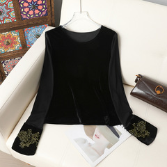 秋新款新中式打底衫女国风重工刺绣丝绒长袖圆领T恤上衣高端小衫