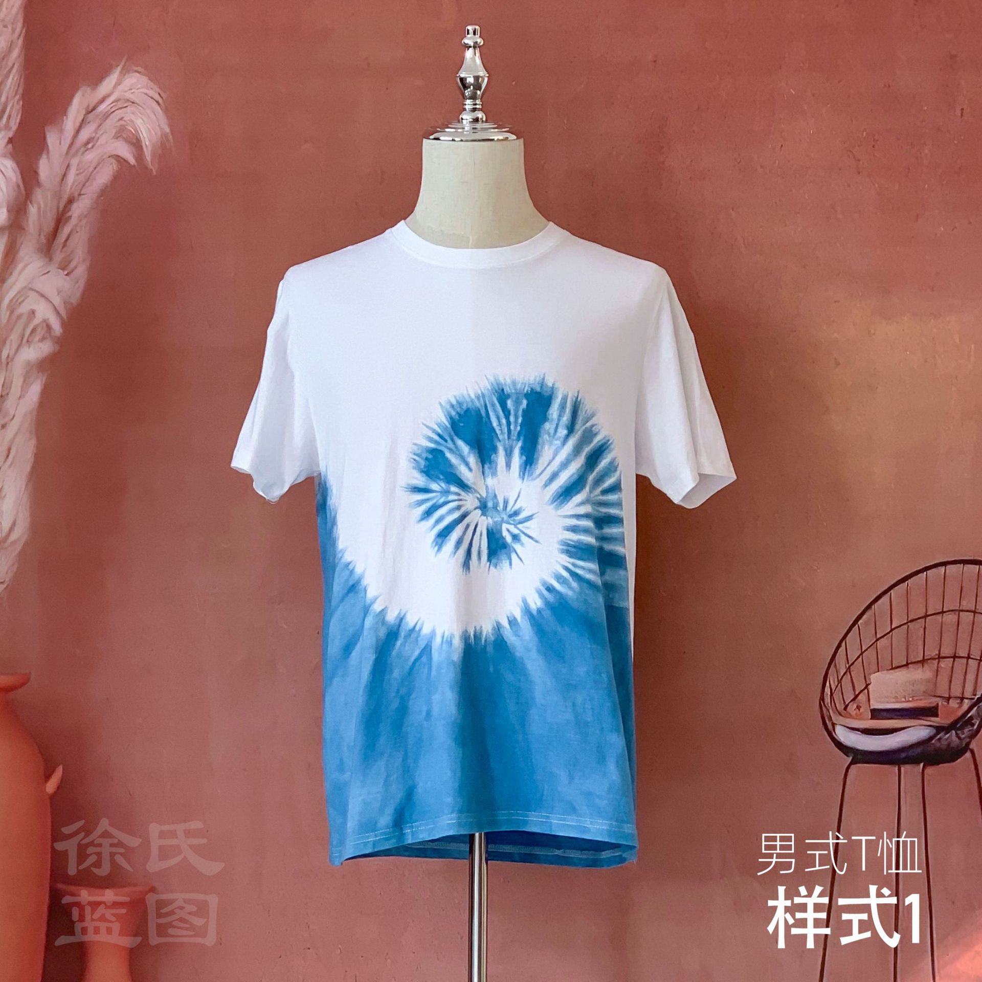 大理手工扎染民族风男式T恤夏季休闲度假200g21支精梳全棉蓝染T恤