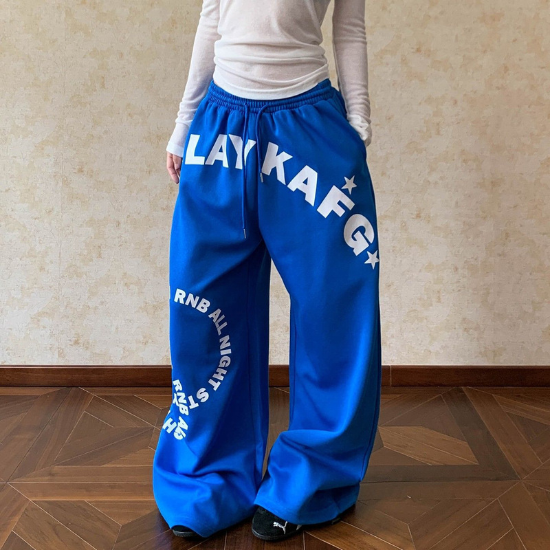 Cross-Border Supply American Letter Print Sports Sweatpants for Women New Style Drapey Wide-Leg Slimming Floor-Length Casual Long Pants