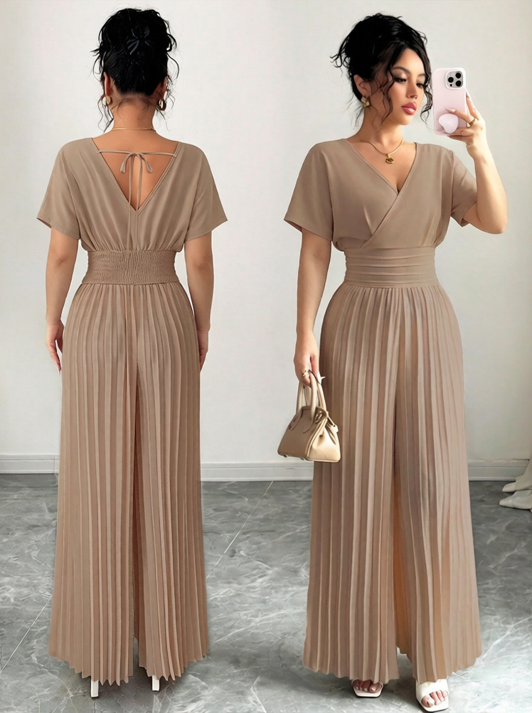 2026 nuevo estilo de viaje europeo y americano elegante color sólido cuello en V manga corta cintura doblada plantares pantalonés de pierna ropa de mujer