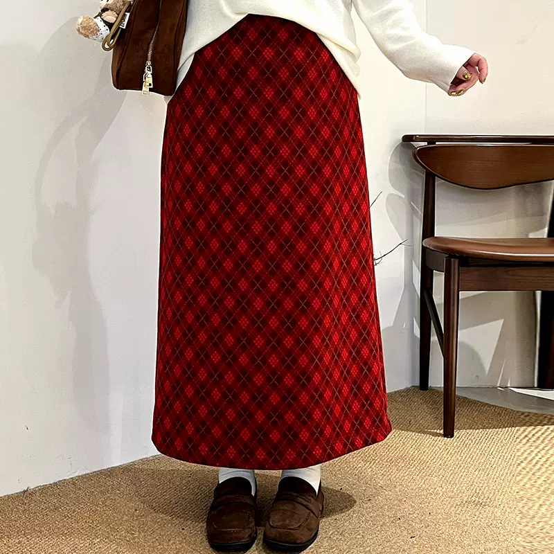 大码女装气质复古菱形格半身裙女休闲直筒裙2025冬胖mm半裙NQ1369