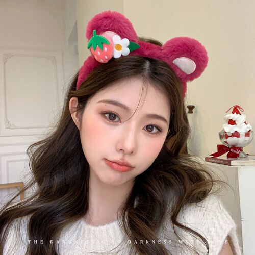 Cute Strawberry Bear Hairband Headwear for Women Autumn Winter Plush Washable Anti-Slip Hair Ring Outdoors Versatile Compatible Hair Clip