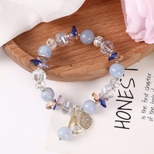 韓系時尚藍色石頭水晶手鏈愛心吊墜微鑲鋯銅鍍14K真金手串飾品女