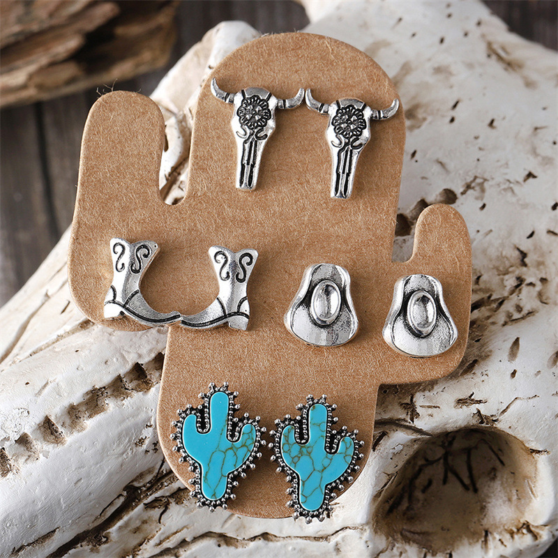 1 Set Cowboy Style Modern Style Classic Style Cactus Hat Boots Plating Inlay Zinc Alloy Turquoise Ear Studs display picture 2