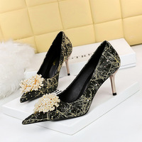 628-A2 style banquet women's shoes metal heel thin heel high heel shallow pointed water diamond pearl flower women's single shoes