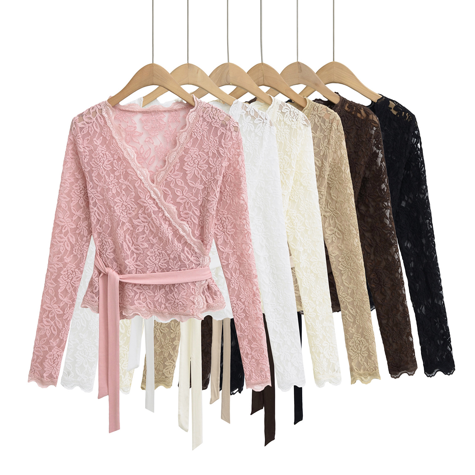 Pure Desire Sexy Slim-fit Slim-fit Outer Wear Deep V-neck Cross Strap Lace Long Sleeve Top Women's Short Base T-shirt