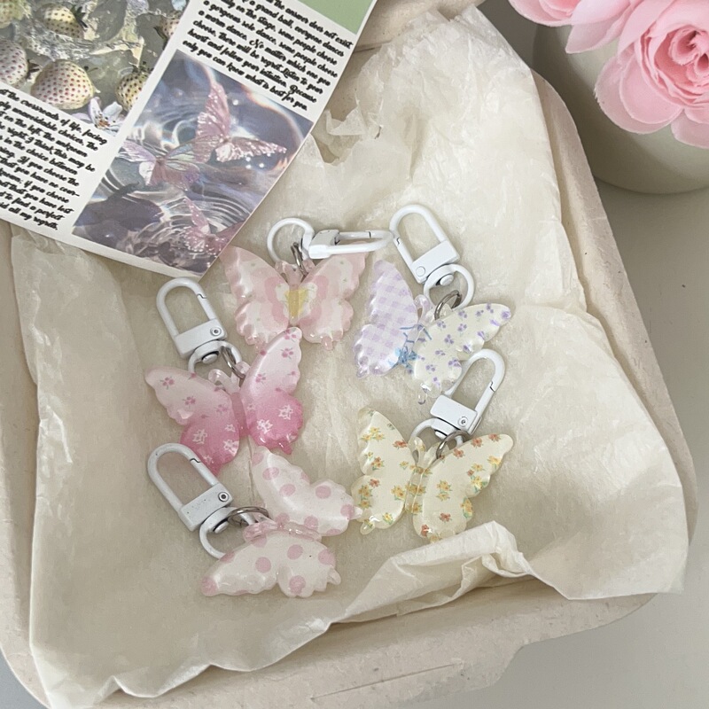 Spring Transparent Color Butterfly Keychain Floral Jelly Clear Pendant Girl's Pericardium Bag Hanging Couple's Best Friend Gift