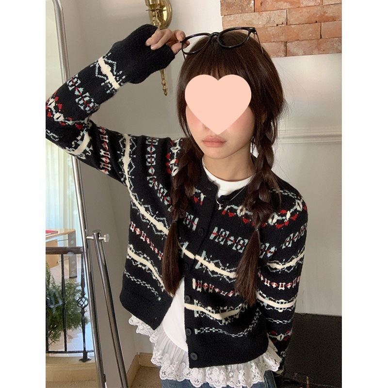 黑色费尔岛穿搭氛围感长袖针织女2025春季新款设计感提花开衫外套|undefined