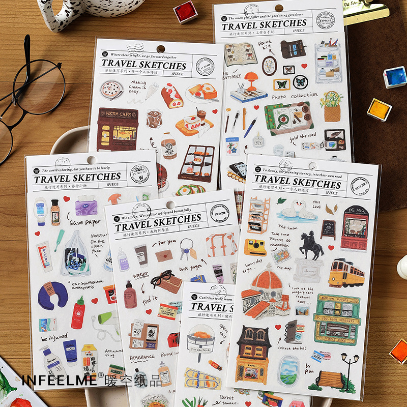 Infeel.Me Japanese Paper Stickers Travel Sketch Series Fresh Literary Handbook Material Decorative Stickers 6 Styles