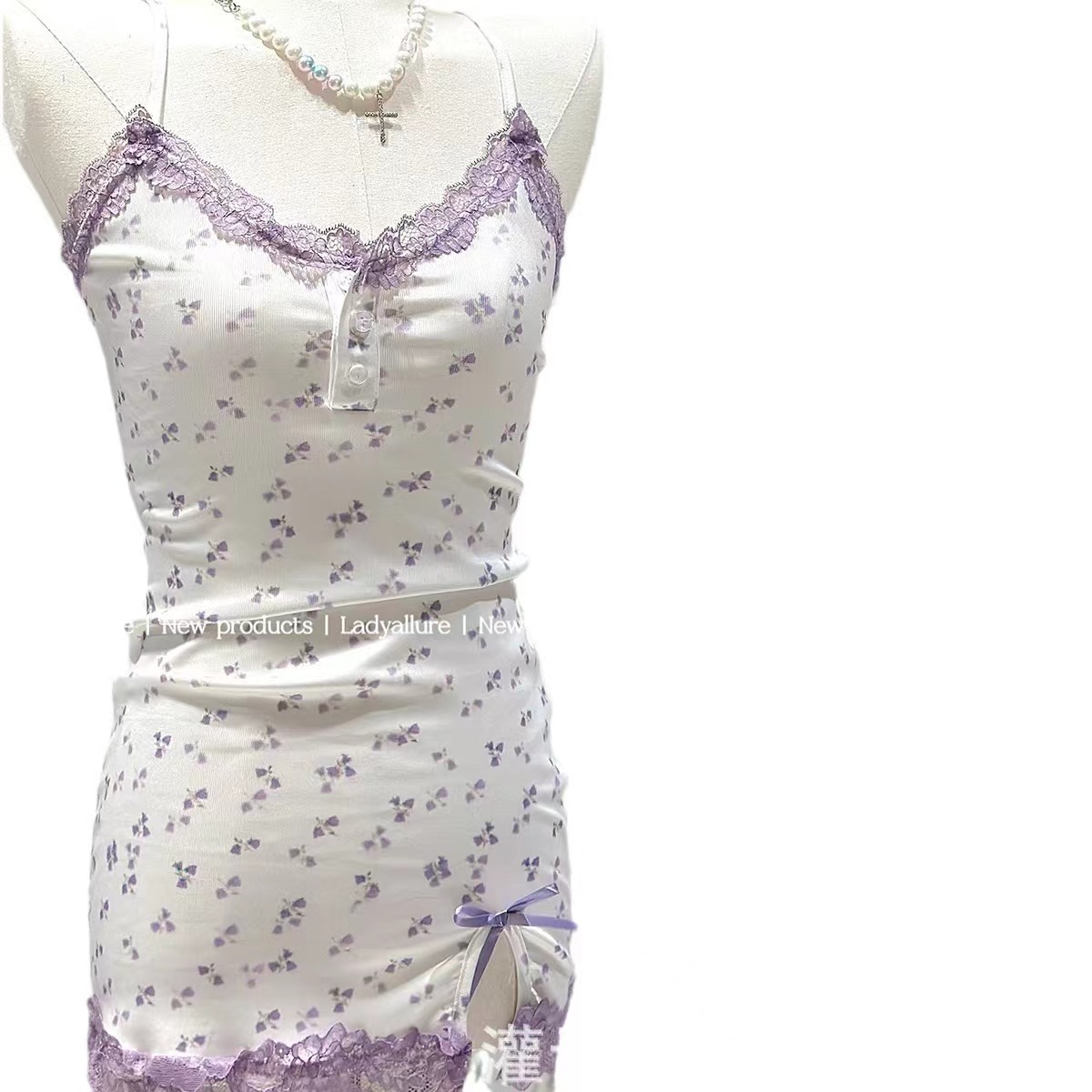 Fantastic Love Lingerie Sexy Deep V Pure Desire Floral Sling Nightgown Hot Passion Free of Split Pajamas suit