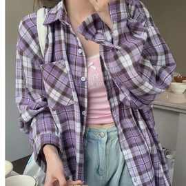 美式格子复古休闲衬衫夏季防晒衣女香芋紫宽松潮流慵懒风衬衣外套