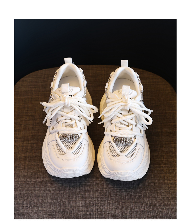 Giày sneaker nữ đế dày chunky mặt lưới thoáng khí, tăng chiều cao bên trong, đính đá rhinestone thời trang — Màu be chi tiết 19