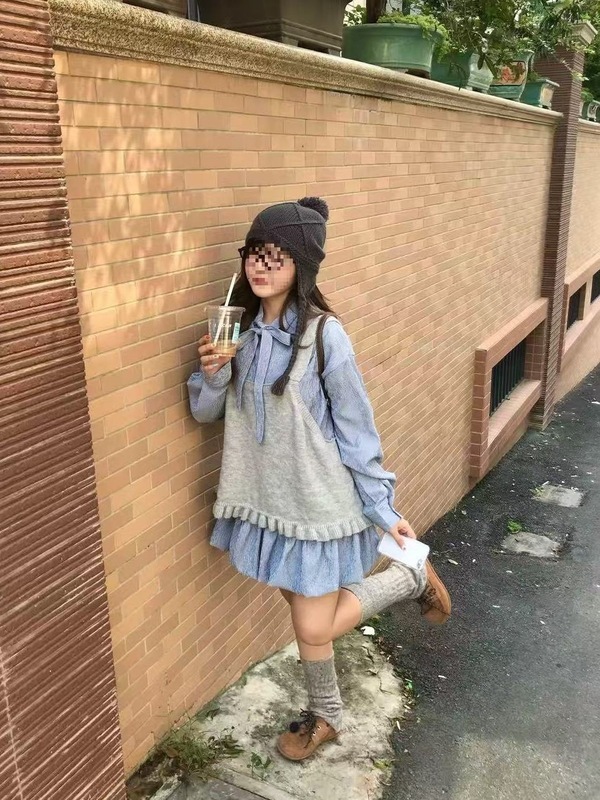 韩系复古格子蝴蝶结系带衬衫裙显瘦花苞裙女背心甜美套装秋季纽扣|undefined