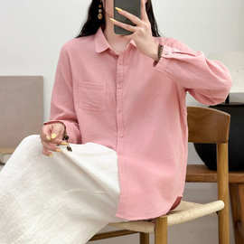 气质棉纱经典纯色长袖口袋衬衫 女2026秋季新款休闲宽松显瘦衬衣