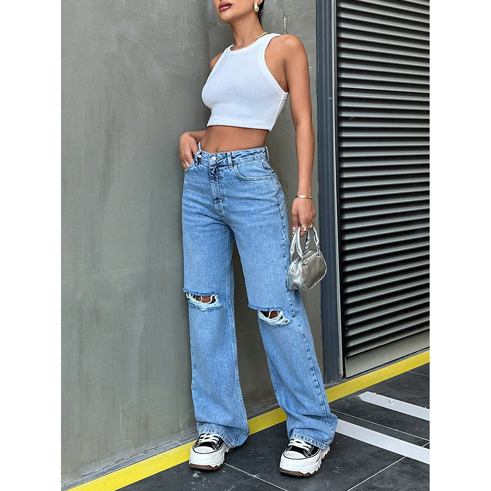 ​​Women's Vintage Ripped Wide Leg Jeans - Distressed High Waist Floor-Length Drape Pants, Retro Loose Fit For Casual & Street Style​​_ecoleips.com