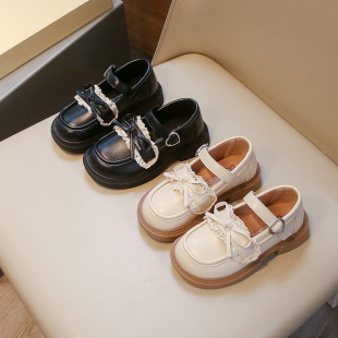 2025 Spring and Autumn New Girls' Leather Shoes Korean Style Little Girls Bow Fashion Princess Shoes Soft Sole Solid Color Shoes