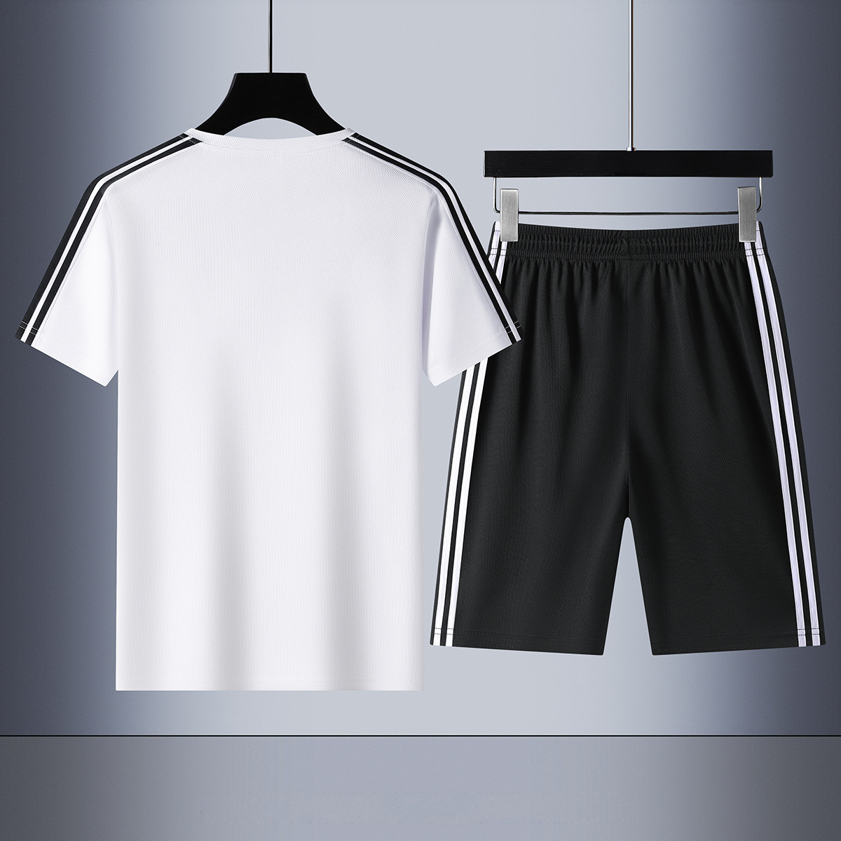 Traje deportivo de tres barras de verano transfronterizo para hombre suelto y versátil de manga corta para hombre estilo delgado clásico corriendo de dos piezas de gran tamaño